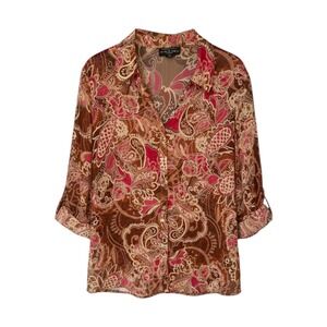 Separates by NYC Design Co Womens 2X Paisley Sheer Button Up Blouse Brown Pink